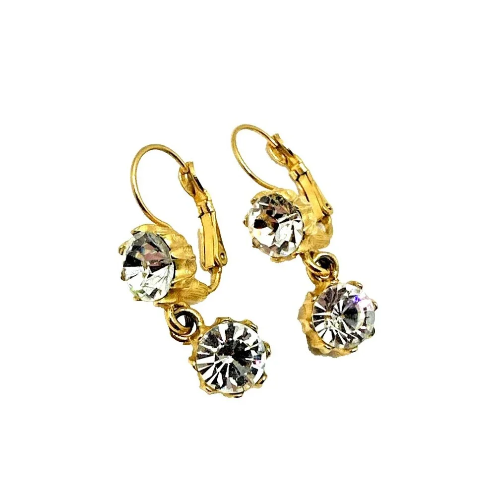 Vintage Bijoux Tempo Crystal Rhinestone Dangle Earrings Gold Tone Pierced 1.5”
